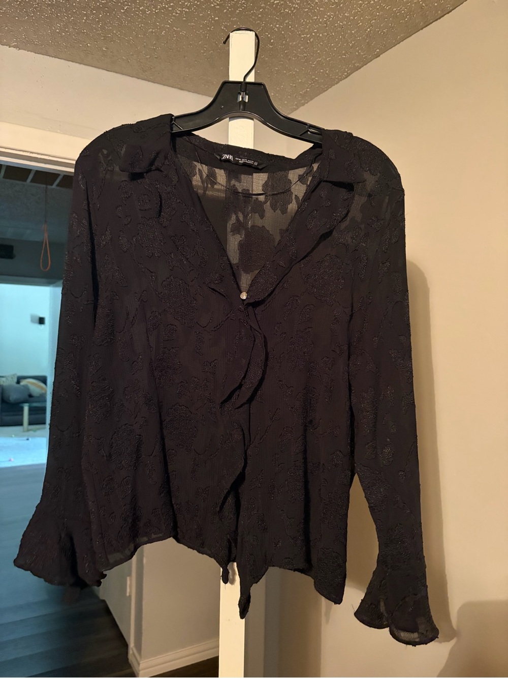 Zara Black Floral-Jacquard Semi-Sheer Button Blouse